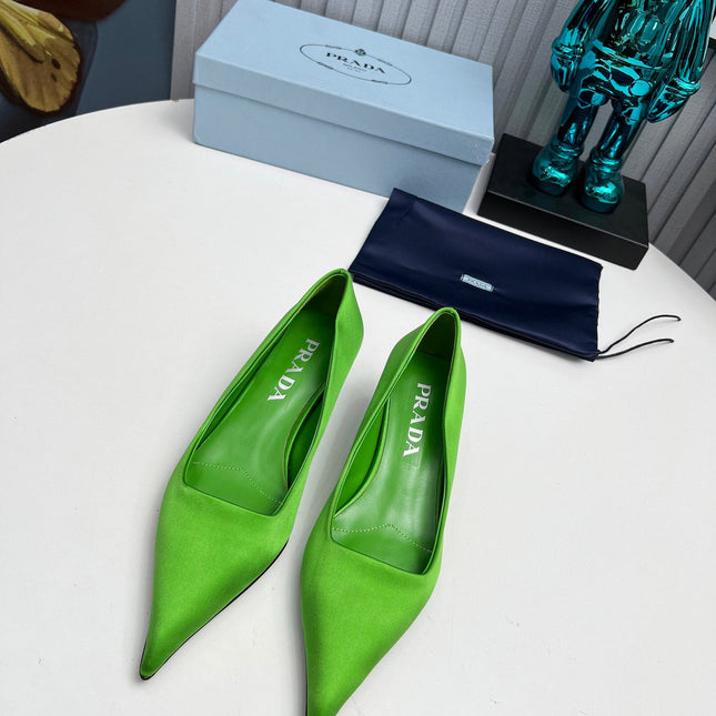 PRADA 26S POINTED TOE PUMPS 40MM IN APPLE GREEN SATIN