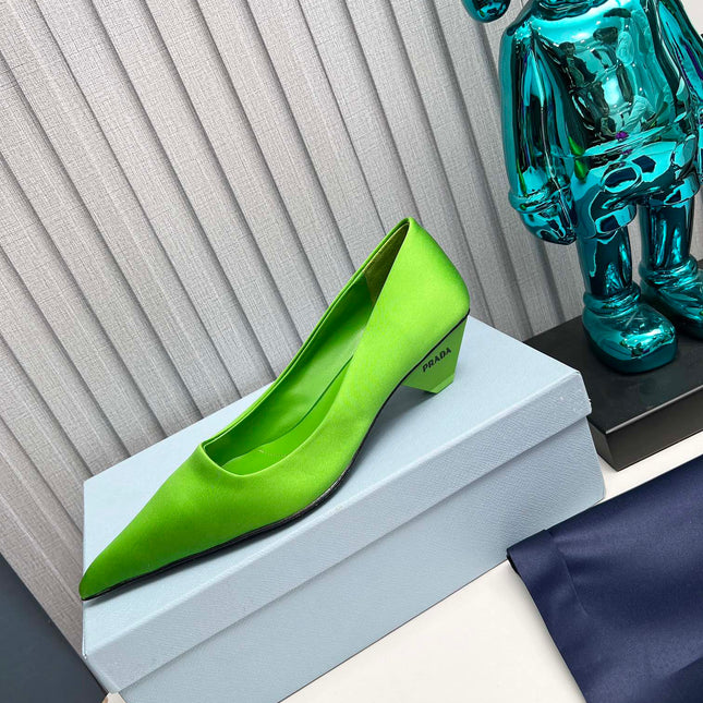 PRADA 26S POINTED TOE PUMPS 40MM IN APPLE GREEN SATIN