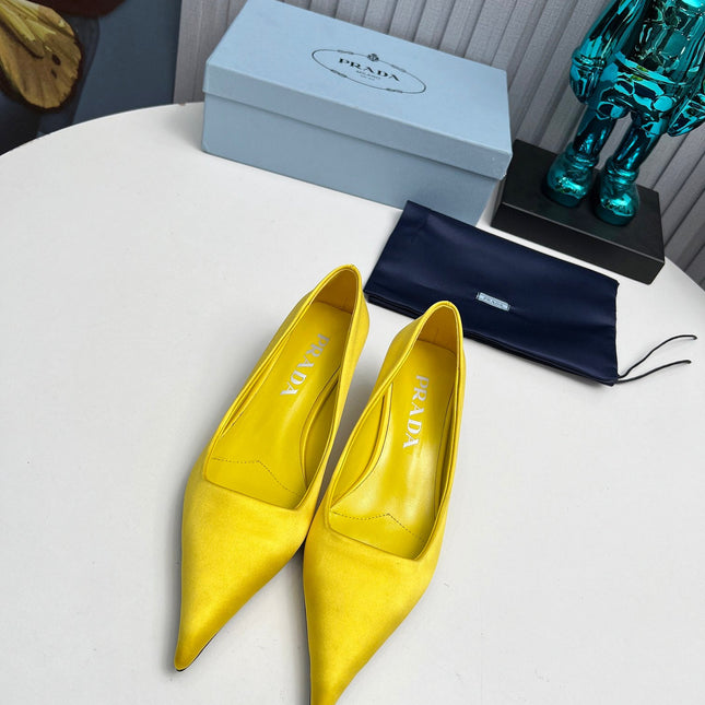 PRADA 26S POINTED TOE PUMPS 40MM IN YELLOW SATIN