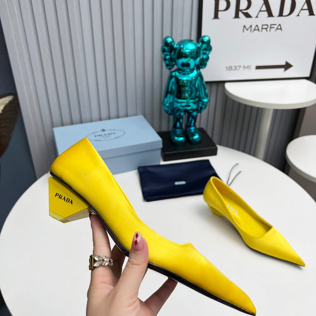PRADA 26S POINTED TOE PUMPS 40MM IN YELLOW SATIN