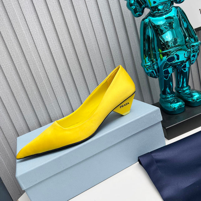 PRADA 26S POINTED TOE PUMPS 40MM IN YELLOW SATIN