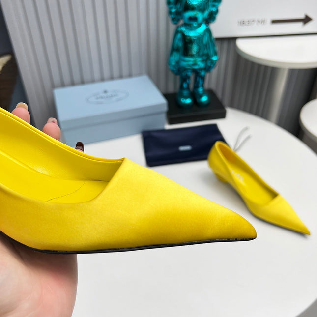 PRADA 26S POINTED TOE PUMPS 40MM IN YELLOW SATIN