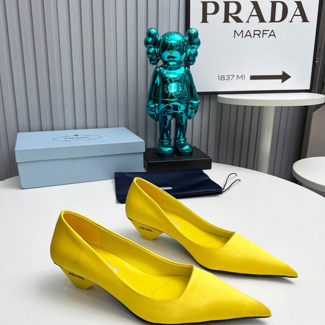 PRADA 26S POINTED TOE PUMPS 40MM IN YELLOW SATIN