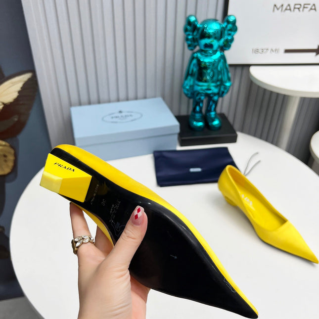 PRADA 26S POINTED TOE PUMPS 40MM IN YELLOW SATIN