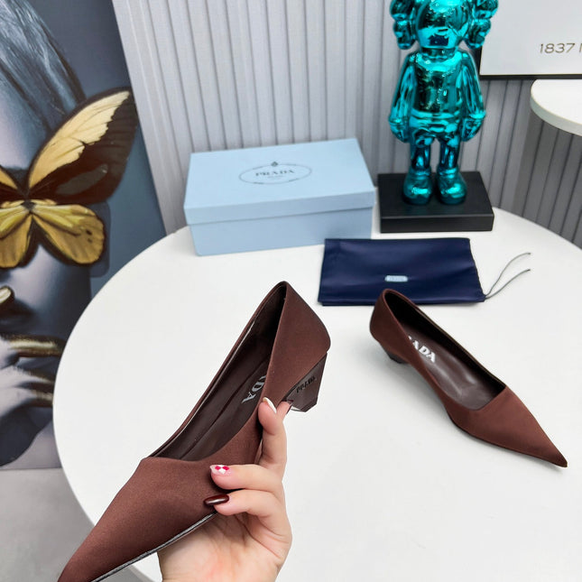 PRADA 26S POINTED TOE PUMPS 40MM IN DARK BROWN SATIN