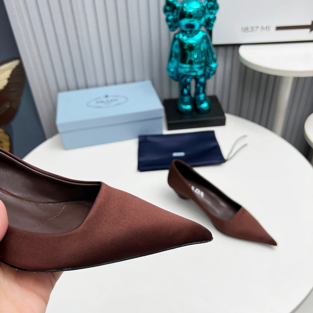 PRADA 26S POINTED TOE PUMPS 40MM IN DARK BROWN SATIN
