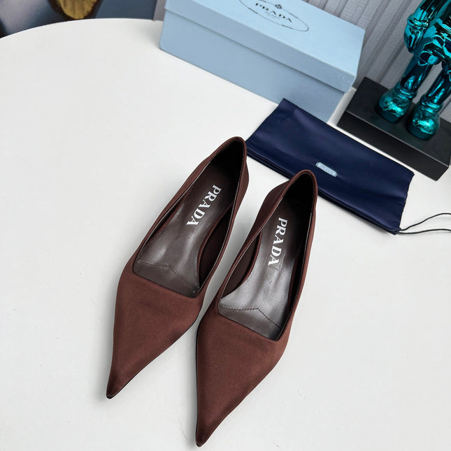 PRADA 26S POINTED TOE PUMPS 40MM IN DARK BROWN SATIN