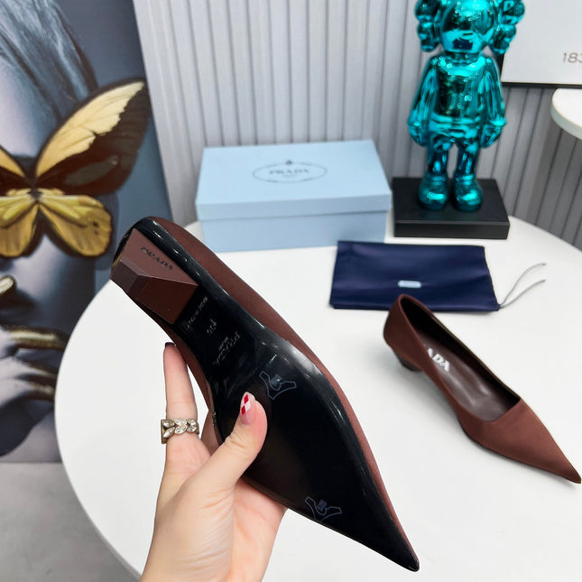 PRADA 26S POINTED TOE PUMPS 40MM IN DARK BROWN SATIN