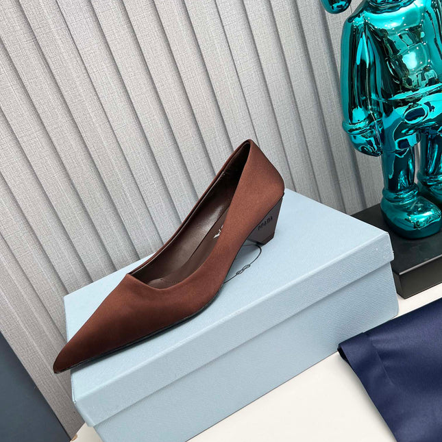 PRADA 26S POINTED TOE PUMPS 40MM IN DARK BROWN SATIN