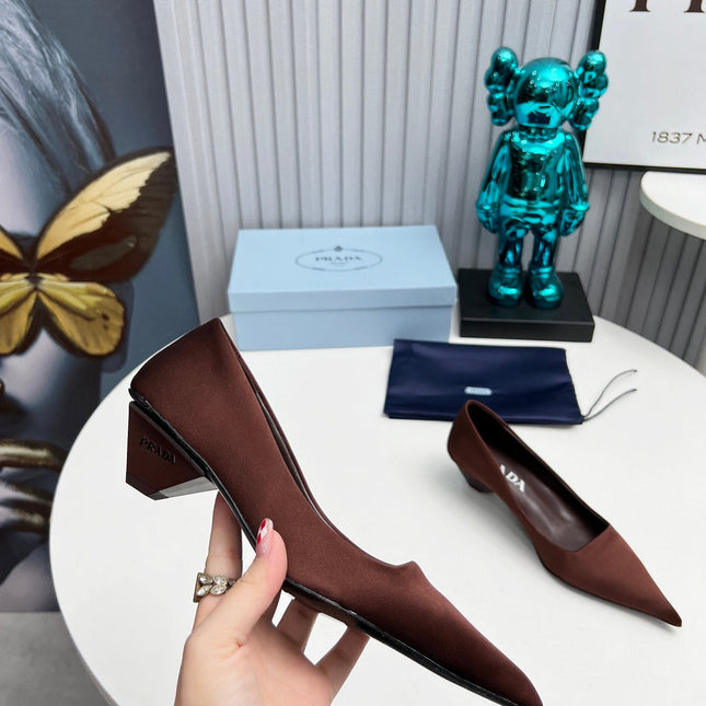 PRADA 26S POINTED TOE PUMPS 40MM IN DARK BROWN SATIN