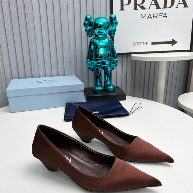 PRADA 26S POINTED TOE PUMPS 40MM IN DARK BROWN SATIN