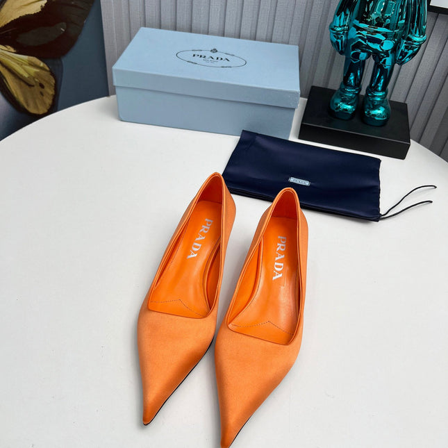 PRADA 26S POINTED TOE PUMPS 40MM IN ORANGE SATIN