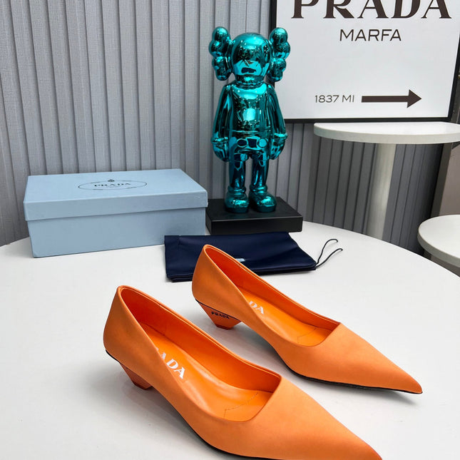 PRADA 26S POINTED TOE PUMPS 40MM IN ORANGE SATIN