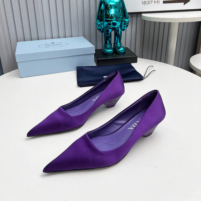 PRADA 26S POINTED TOE PUMPS 40MM IN PURPLE SATIN