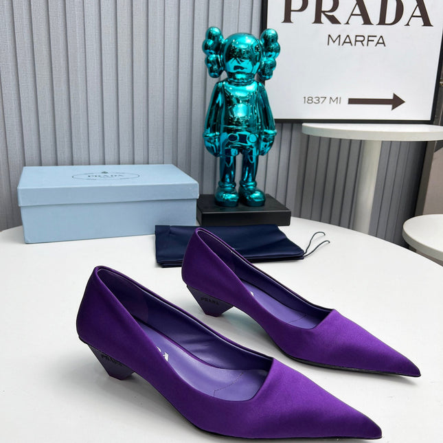 PRADA 26S POINTED TOE PUMPS 40MM IN PURPLE SATIN