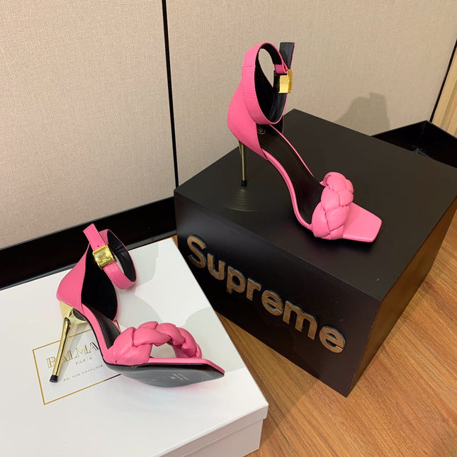 BALMAIN 26S BRAIDED-STRAP HIGH-HEEL SANDALS 95 MM IN PINK CALFSKIN