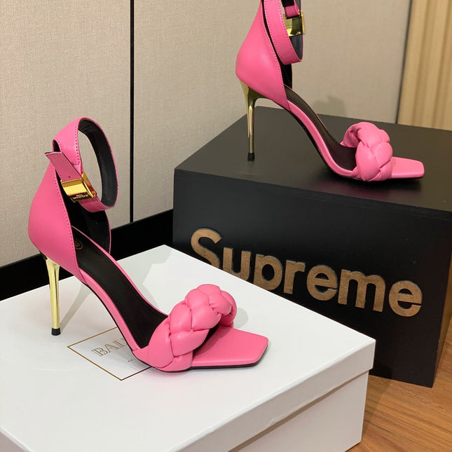 BALMAIN 26S BRAIDED-STRAP HIGH-HEEL SANDALS 95 MM IN PINK CALFSKIN