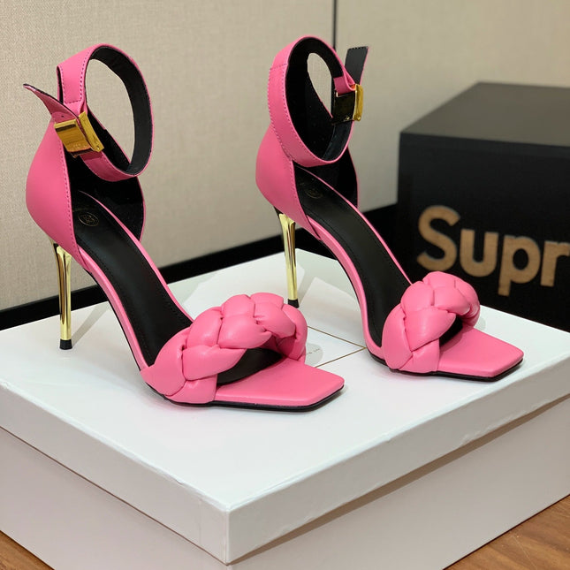 BALMAIN 26S BRAIDED-STRAP HIGH-HEEL SANDALS 95 MM IN PINK CALFSKIN