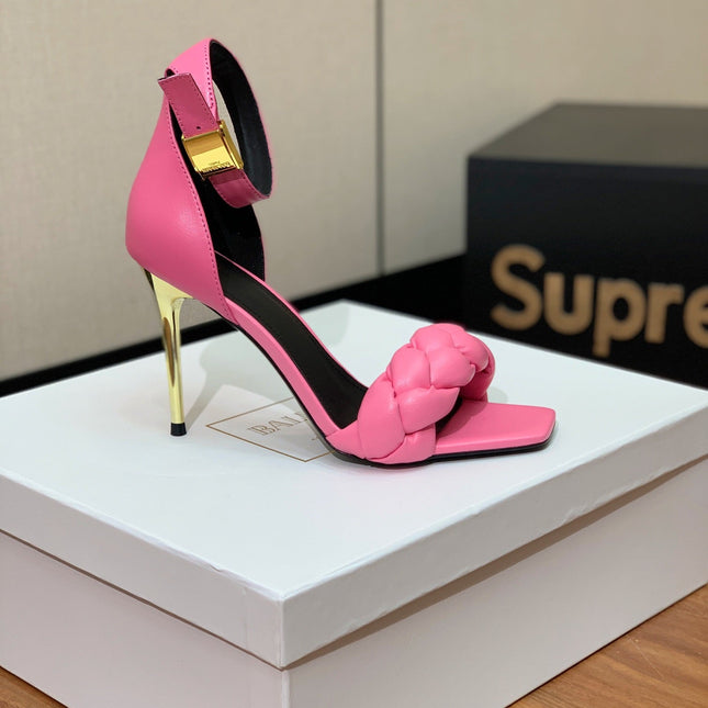BALMAIN 26S BRAIDED-STRAP HIGH-HEEL SANDALS 95 MM IN PINK CALFSKIN