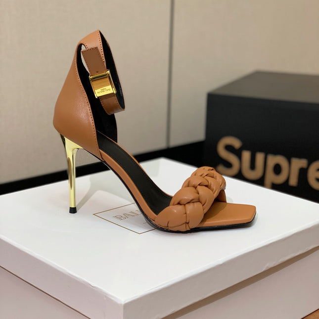 BALMAIN 26S BRAIDED-STRAP HIGH-HEEL SANDALS 95 MM IN BROWN CALFSKIN