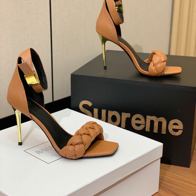 BALMAIN 26S BRAIDED-STRAP HIGH-HEEL SANDALS 95 MM IN BROWN CALFSKIN