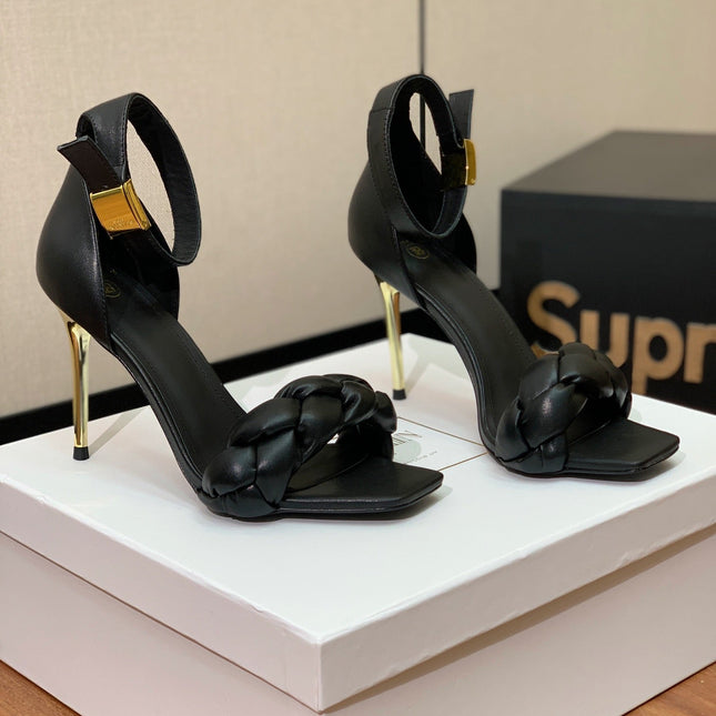 BALMAIN 26S BRAIDED-STRAP HIGH-HEEL SANDALS 95 MM IN BLACK CALFSKIN