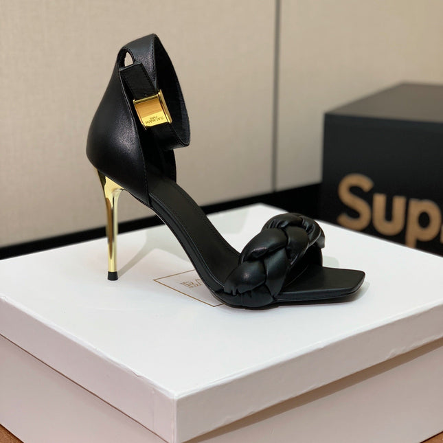 BALMAIN 26S BRAIDED-STRAP HIGH-HEEL SANDALS 95 MM IN BLACK CALFSKIN