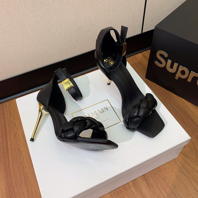BALMAIN 26S BRAIDED-STRAP HIGH-HEEL SANDALS 95 MM IN BLACK CALFSKIN