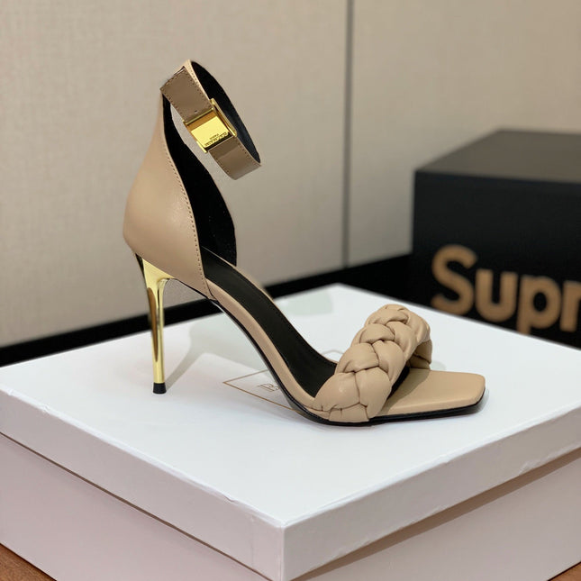 BALMAIN 26S BRAIDED-STRAP HIGH-HEEL SANDALS 95 MM IN BEIGE CALFSKIN