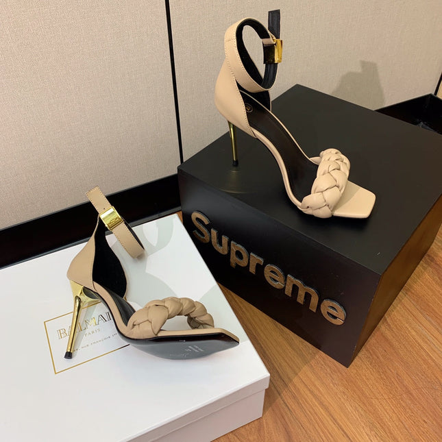 BALMAIN 26S BRAIDED-STRAP HIGH-HEEL SANDALS 95 MM IN BEIGE CALFSKIN
