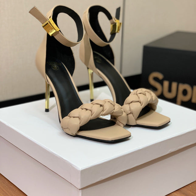 BALMAIN 26S BRAIDED-STRAP HIGH-HEEL SANDALS 95 MM IN BEIGE CALFSKIN