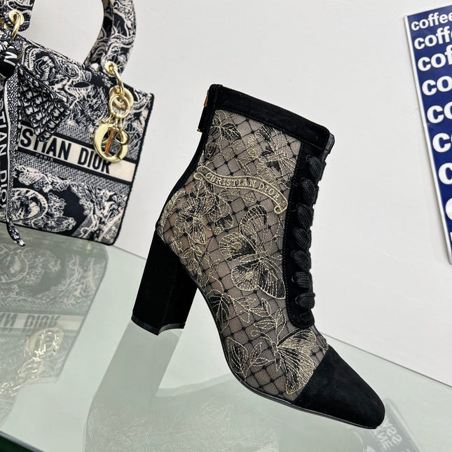 DIOR 25S NAUGHTILY-D ANKLE BOOTS 80 MM IN BLACK MESH TULLE AND SUEDE
