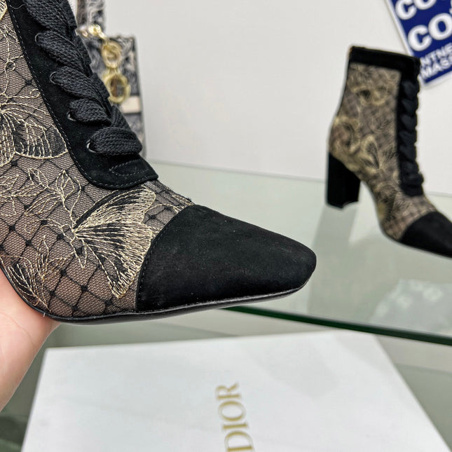 DIOR 25S NAUGHTILY-D ANKLE BOOTS 80 MM IN BLACK MESH TULLE AND SUEDE