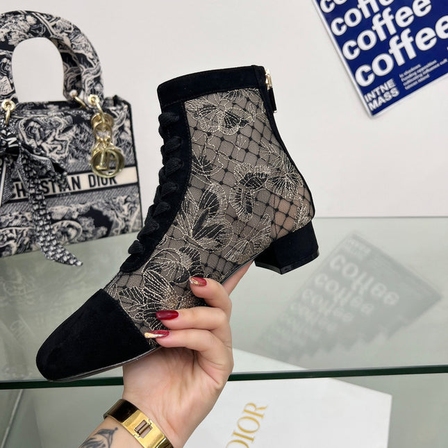DIOR 25S NAUGHTILY-D ANKLE BOOTS 35 MM IN BLACK MESH TULLE AND SUEDE