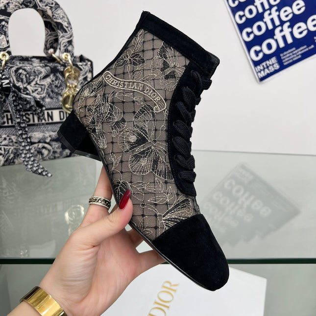 DIOR 25S NAUGHTILY-D ANKLE BOOTS 35 MM IN BLACK MESH TULLE AND SUEDE