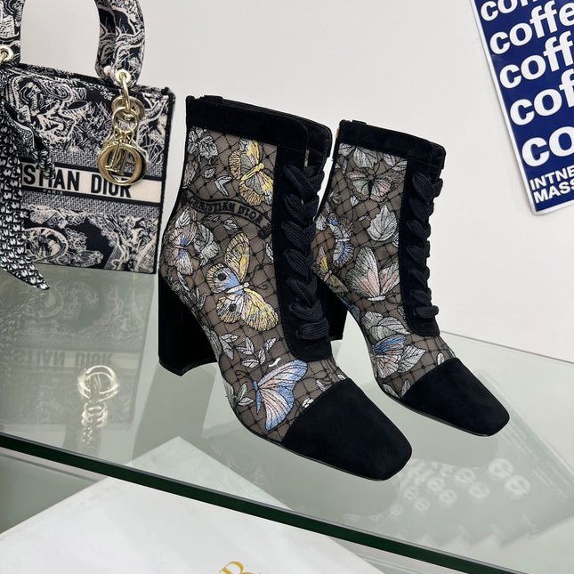 DIOR 25S NAUGHTILY-D ANKLE BOOTS 80 MM IN BLACK MESH TULLE AND SUEDE STYLE 2