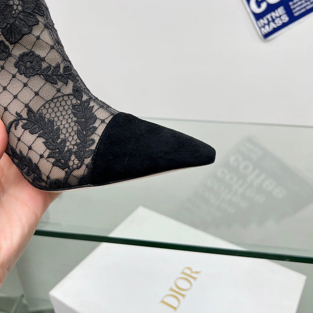DIOR 25S POINTED-TOE ANKLE BOOTS 95 MM IN BLACK MESH TULLE AND SUEDE