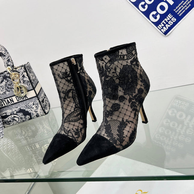 DIOR 25S POINTED-TOE ANKLE BOOTS 95 MM IN BLACK MESH TULLE AND SUEDE