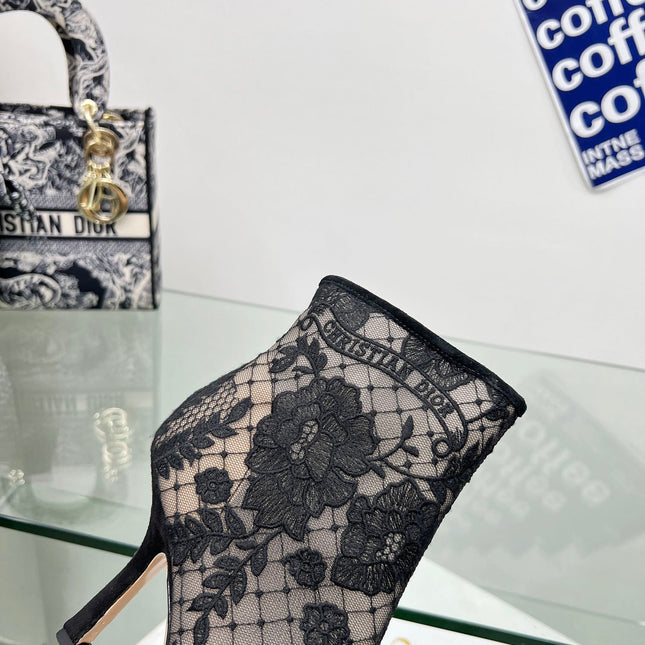 DIOR 25S POINTED-TOE ANKLE BOOTS 95 MM IN BLACK MESH TULLE AND SUEDE