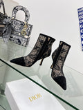 DIOR 25S POINTED-TOE ANKLE BOOTS 95 MM IN BLACK MESH TULLE AND SUEDE