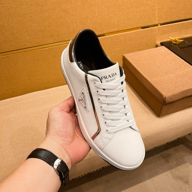 PRA SNEAKER IN WHITE CALFSKIN WITH GLOSSY GOLDEN