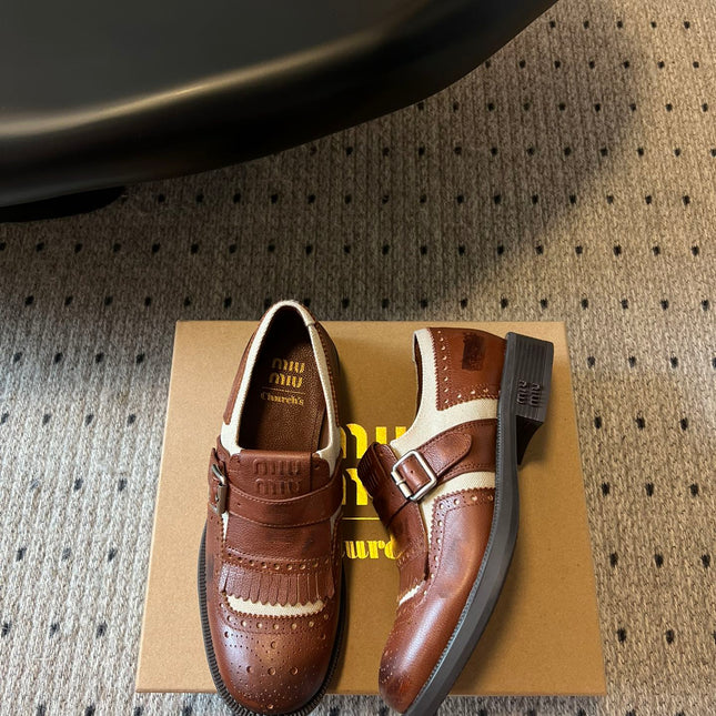 MIUMIU 26S FRINGE BUCKLE LOAFERS IN BROWN CALFSKIN