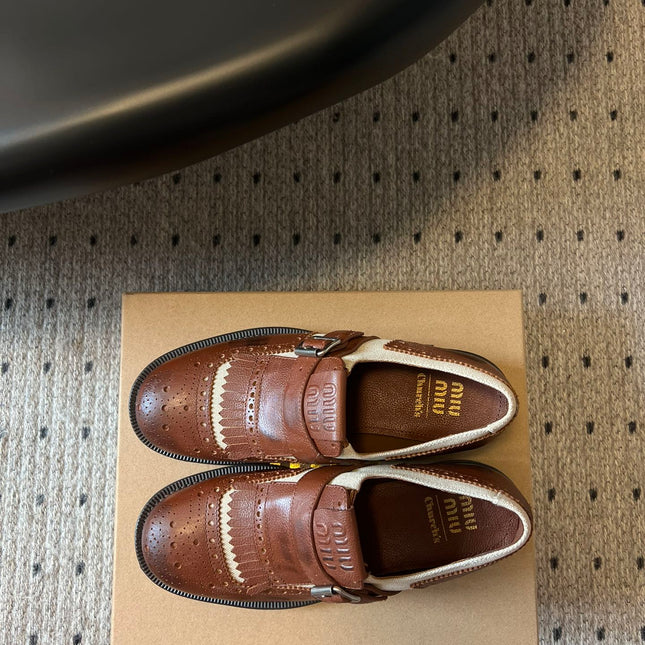 MIUMIU 26S FRINGE BUCKLE LOAFERS IN BROWN CALFSKIN