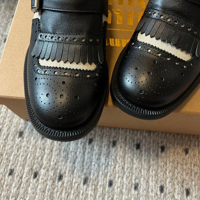 MIUMIU 26S FRINGE BUCKLE LOAFERS IN BLACK CALFSKIN