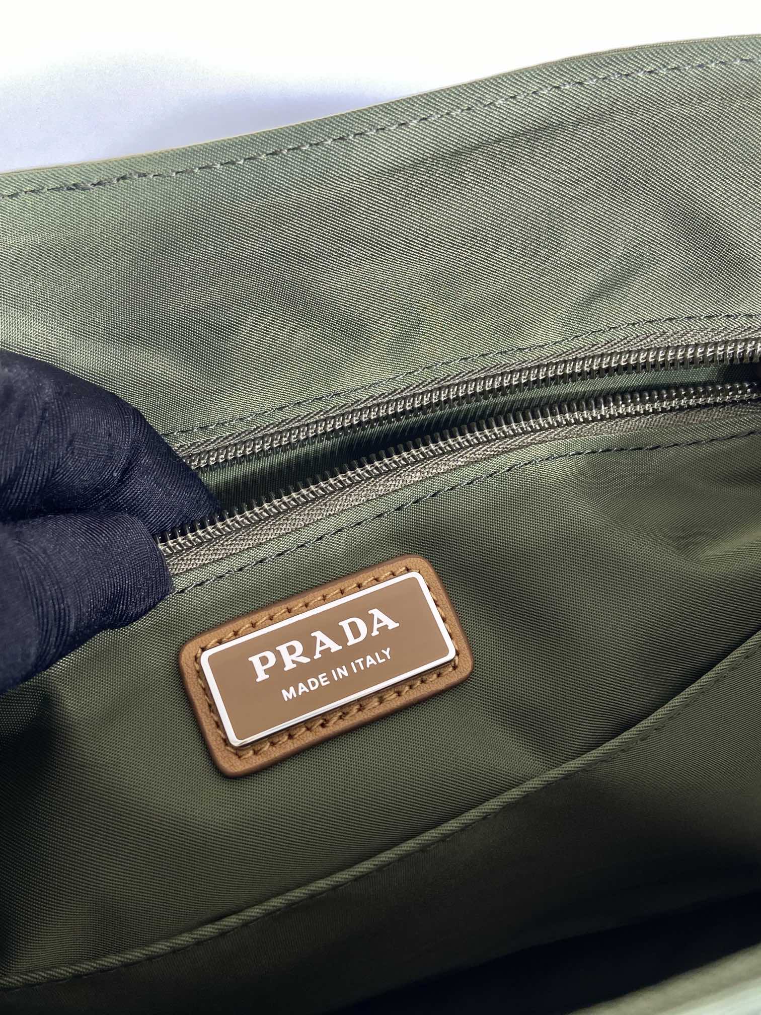 LARGE FLAP BAG 30 IN SEAWEED GREEN RE-NYLON AND BROWN CALFSKIN TRIM
