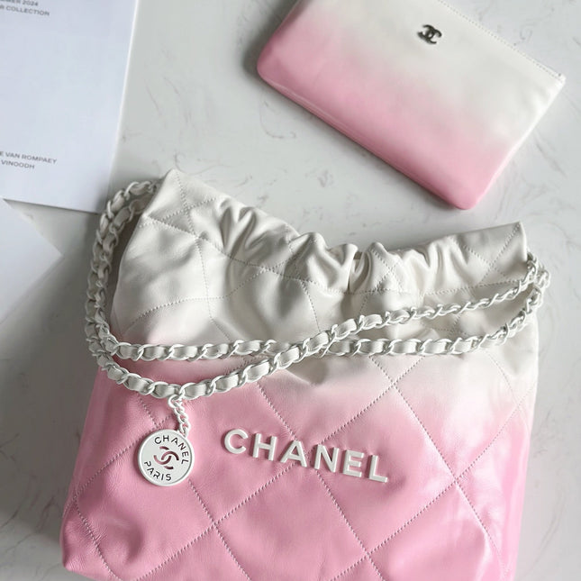 CHANEL 22 BAG 25S 42 CM IN PASTEL PINK MIX WHITE LAMBSKIN WITH WHITE HARDWARE