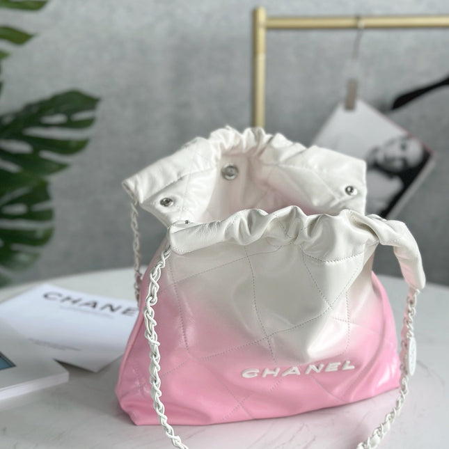 CHANEL 22 BAG 25S 42 CM IN PASTEL PINK MIX WHITE LAMBSKIN WITH WHITE HARDWARE