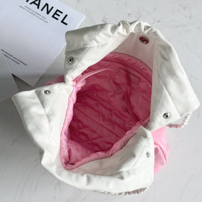 CHANEL 22 BAG 25S 42 CM IN PASTEL PINK MIX WHITE LAMBSKIN WITH WHITE HARDWARE