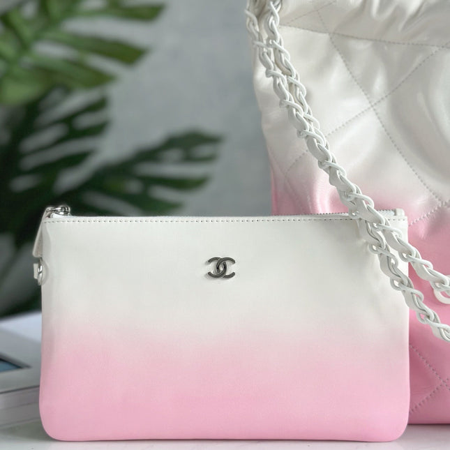 CHANEL 22 BAG 25S 42 CM IN PASTEL PINK MIX WHITE LAMBSKIN WITH WHITE HARDWARE