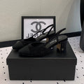 Double CC Rhinestone Slingback Sheepskin Black